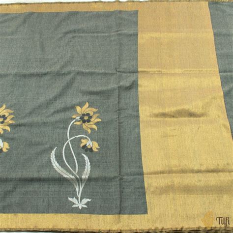 Dark Grey Pure Fine Tussar Silk by Cotton Handloom Banarasi Saree - Tilfi