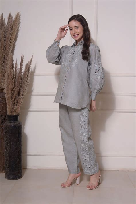 Grey Linen Cutwork Coord Set – Surabhi Arya