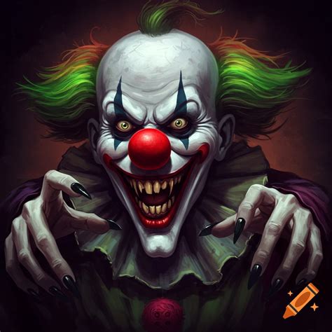 A scary clown with sharp teeth sits on a dock fishing in a dark, murky ...