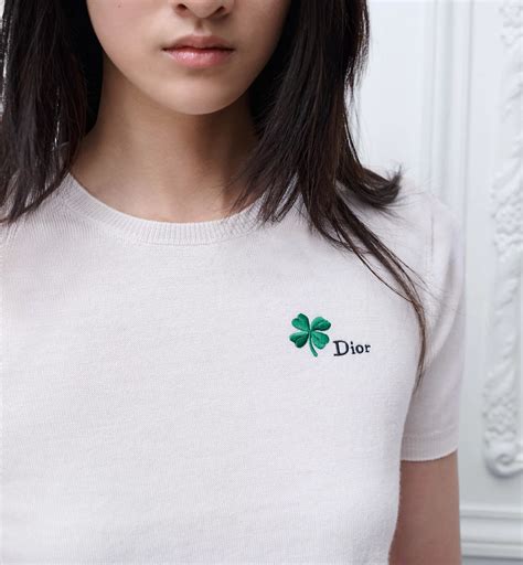 Short-Sleeved Fitted Sweater White Wool Knit with Green and Black Dior ...