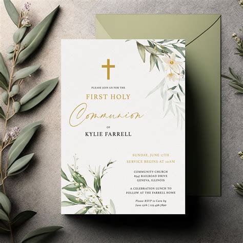 First Holy Communion Invitation Template, Greenery and Gold First Communion Invite, Editable ...