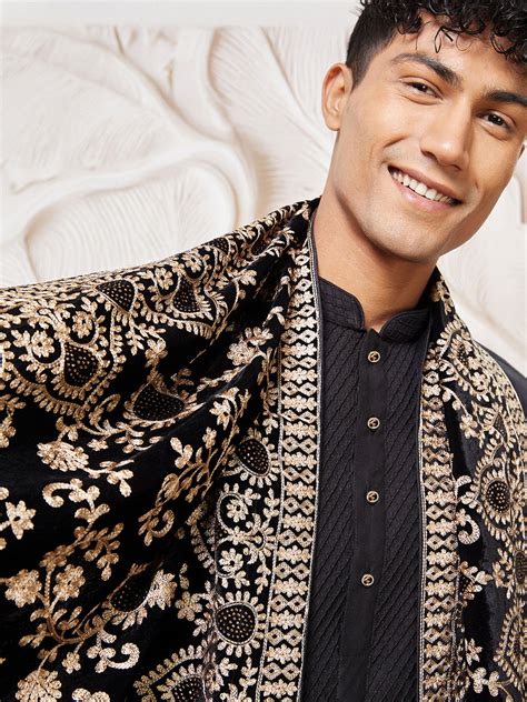 Men's Kurta Pyjama Dupatta Silk in Black | VASTRAMAY – vastramay