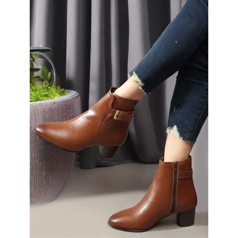 Buy Carlton London Tan Solid Mid Top Women Buckle Boots Online