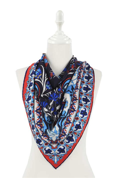 Navy Blue Turkish Pattern Cintemani Carnation Pattern Silky Square Scarf