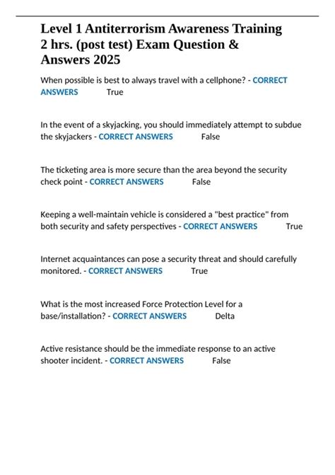 Level 1 Antiterrorism Awareness Training 2 hrs. (post test) Exam ...