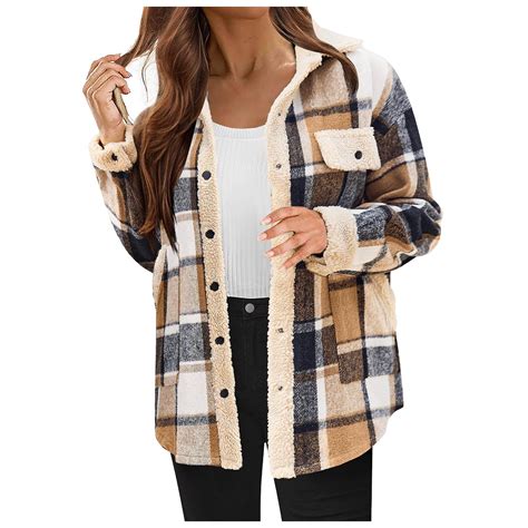 kamemir Womens Fuzzy Fleece Lined Jacket Flannel Plaid Shirts Long ...