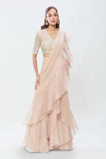 Buy Beige Chiffon, Silk Sequins, Stones, Zari Pre-draped Ruffle Saree ...