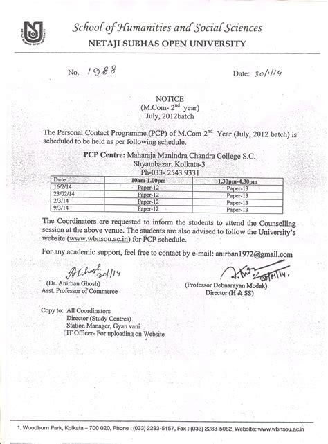 NSOU - Interactions - PCP - PG - Counselling Schedule - Commerce 2014