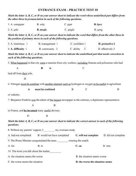Entrance EXAM - Practice TEST 10 - ENTRANCE EXAM – PRACTICE TEST 10 ...