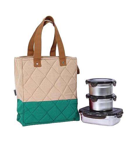 Stainless Steel Lunch Box Green Canvas Bag Femora, 350 ML + 550 ML, 3