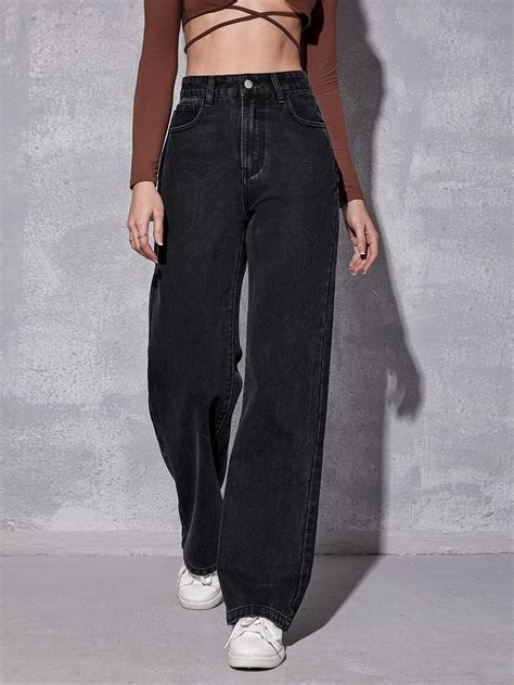 Black Denim Plain Wide Leg Embellished Non-Stretch Women Denim Denim ...