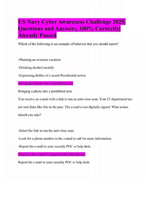 US Navy Cyber Awareness Challenge 2025| Questions and Answers, 100% ...