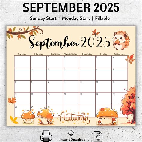 EDITABLE September 2025 Calendar, Autumn Colors, Printable, Fillable ...