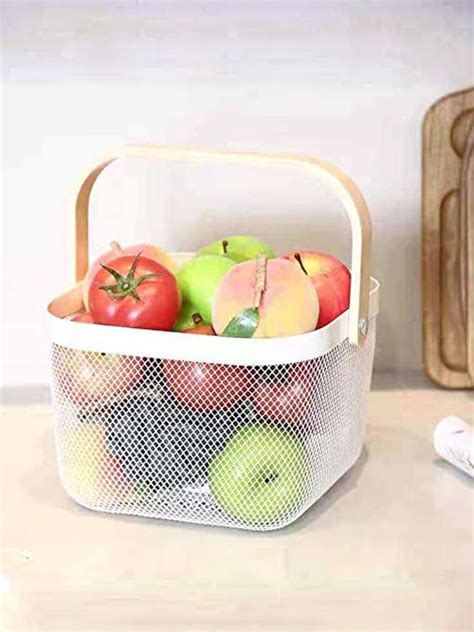 Metal Mesh Basket w/Wooden Handles (White) | Home Decor Living Room ...