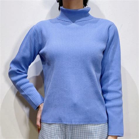 Blue cotton high neck knit sweater【934】 | LEMON
