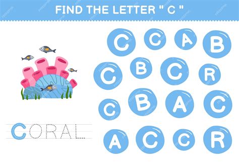 Education game for children find the letter c with cute cartoon coral printable underwater ...