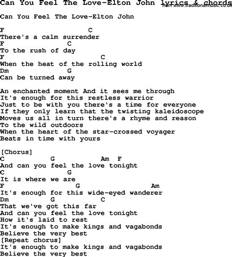 Love Song Lyrics for:Can You Feel The Love-Elton John with chords.