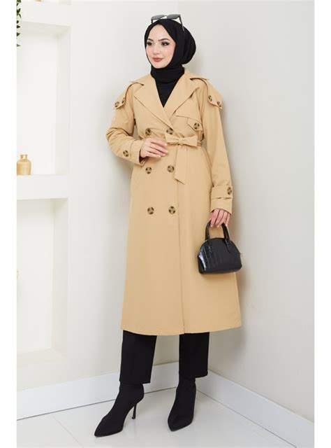 Camel - Fully Lined - Double-Breasted - Trench Coat