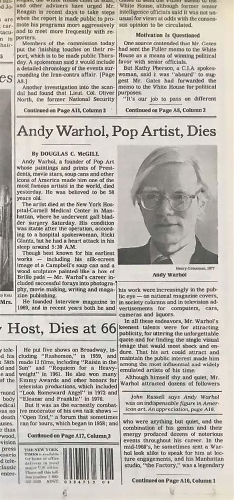 (after) Andy Warhol - Andy Warhol Death: set of 2 NY 1987 newspapers profiling Warhol’s death at ...