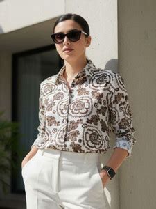 R.Code by The Roadster Life Co. Women Printed Party White, Brown Shirt ...
