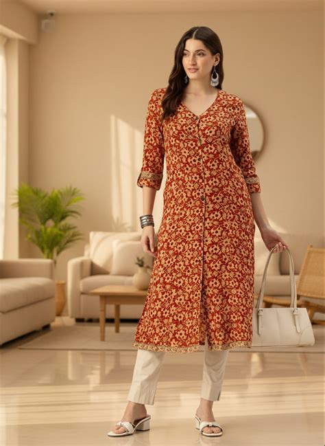 Red Floral Printed V-Neck Kurta – Amukti - The Women's Ethnic Fashion Store