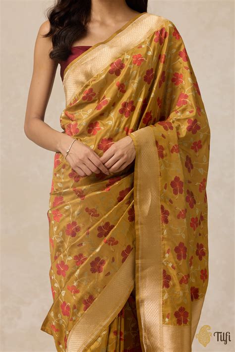 Pre-Order: 'Hibiscus' Ochre Yellow Pure Katan Silk Banarasi Handloom S ...