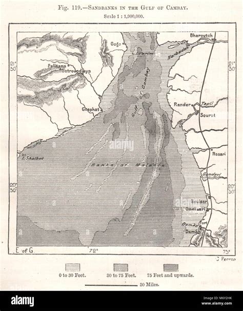 Sandbanks in the Gulf of Khambhat. India. Sketch map 1885 old antique ...