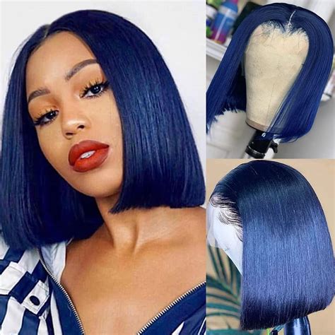 Amazon.com : cute fairy Dark Blue Bob Human Hair 13x4 Lace Front Wig ...
