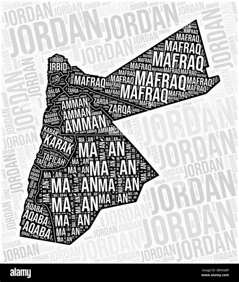 Jordan regions map word cloud. Jordan region names. Black and white map design. Awesome vector ...