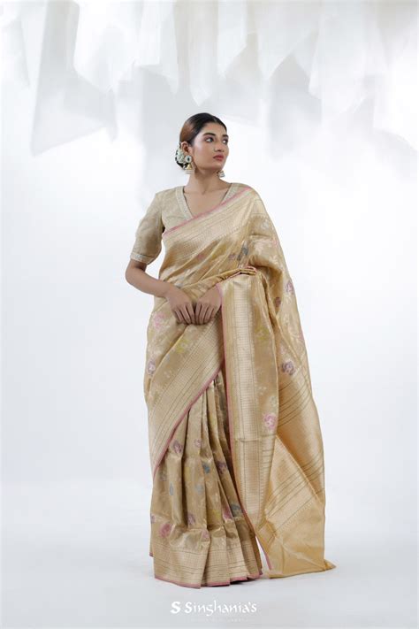 Pale Gold Banarasi Silk Saree With Floral Design – Singhania's