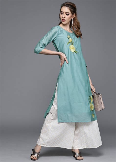 Get Contrast Floral Embroidered Patch Blue Straight Kurta at ₹ 1199 ...