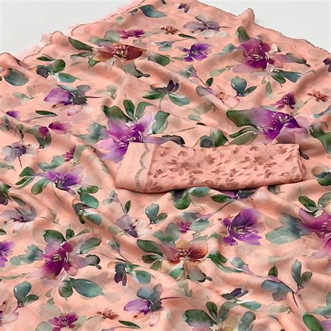 Peach Floral Digital Printed Georgette Saree With Stonework Border