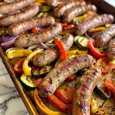 Juicy 20-Minute Garlic Butter Beef Sausage Sheet Pan Dinner