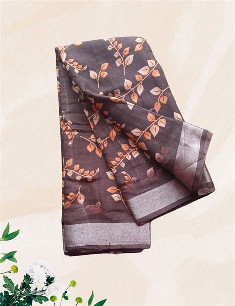 Brown colour curry leaves linine cotton saree – Deepa Collections