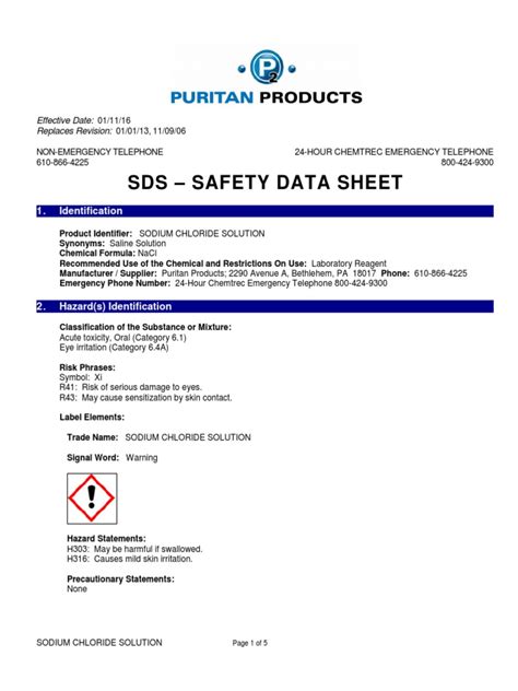 Safety Data Sheet for Sodium Chloride Solution: Hazard Identification ...