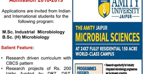 AMITY Jaipur MSc Industrial Microbiology Admissions 2018