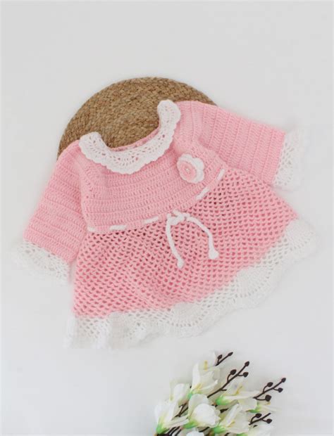 Woonie Handmade Full Sleeves Crochet Floral Design Frock-Pink