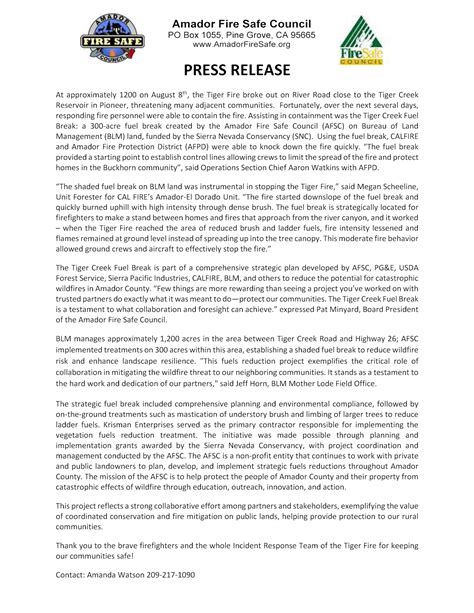 PRESS RELEASE - AFSC Tiger Creek Fuel Break assists in knockdown of ...