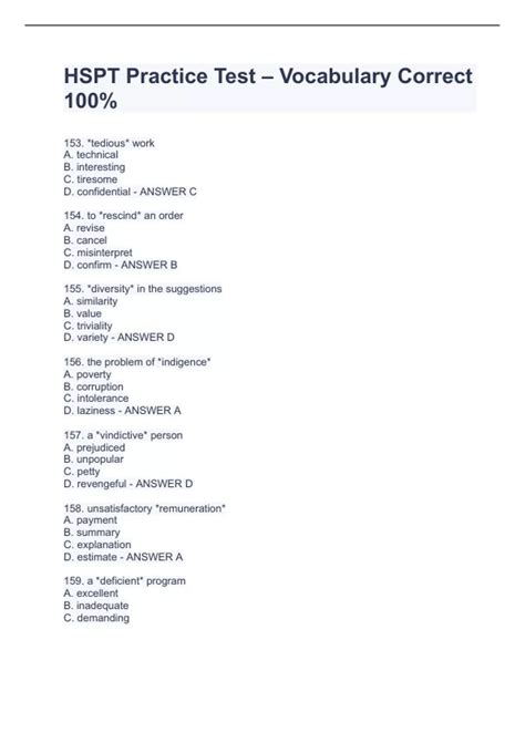 HSPT Practice Test – Vocabulary Correct 100% - HSPT - Stuvia US