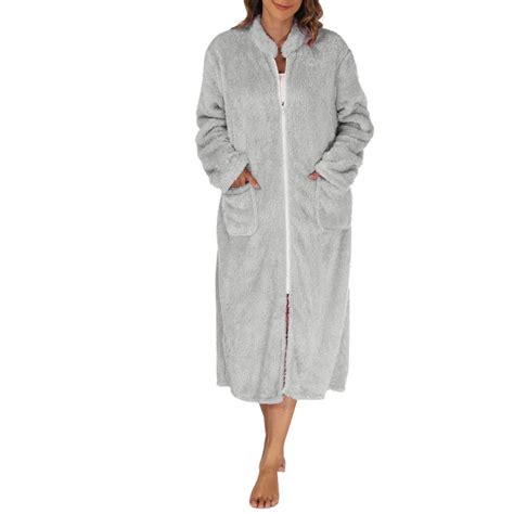 Women Full Zipper Robe Plush Long Sleeves Bathrobe Winter Sleepwear ...