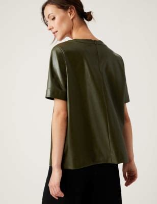 Faux Leather Round Neck Short Sleeve Top