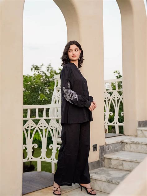 Buy Black Pure Cotton Solid Mandarin Collar Co-Ords Set For Women ...