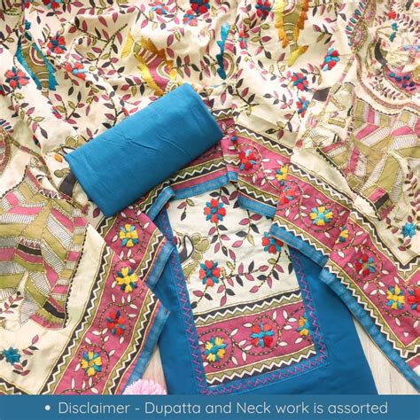 Farishta Dodger Blue Kantha Phulkari Fusion Work Glazed Cotton Suit Se ...
