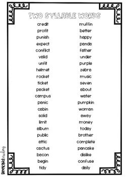 Two Syllable Word List #2 by BeeKindTeaching | TPT
