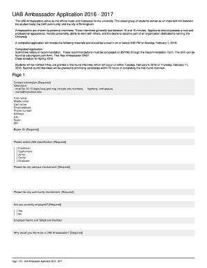 Fillable Online UAB Ambassador Application 2016 - 2017. UAB Student ...
