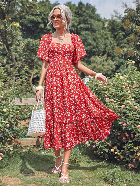 Red Boho Short Sleeve Polyester Floral A Line Embellished Non-Stretch ...