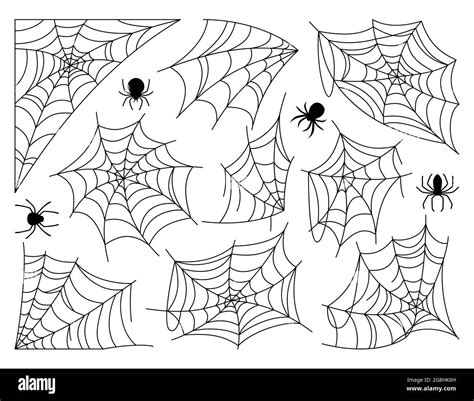 Cobweb and spider Halloween black silhouette set. Doodle scary spiders ...