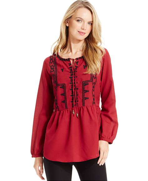 NY Collection Embroidered Peplum Peasant Blouse - Women - Macy's ...