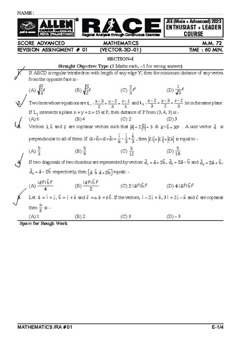 01 RA (Vector-3D-01) - MATHEMATICS /RA # 01 E-1/ JEE (Main + Advanced ...