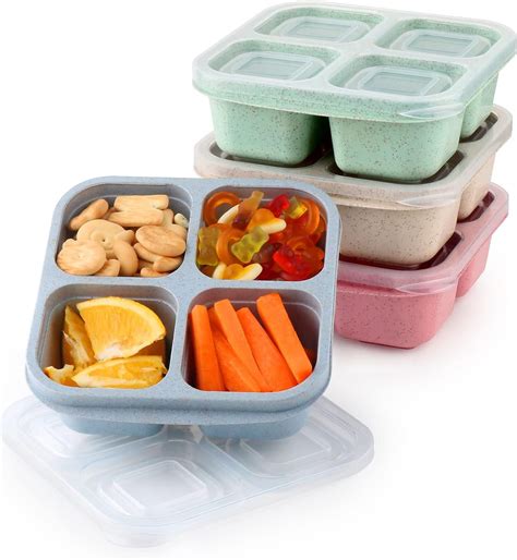 4-Pack Divided Snack Containers, Reusable Bento Boxes, Meal Prep ...